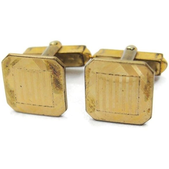Vintage Signed Swank 1/20 12KGF Cufflinks Small Square Etched Lines Tuxedo Shirt - Picture 2 of 12